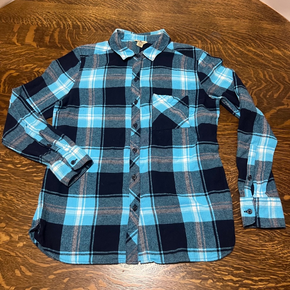 Woolrich Flannel Shirt Womens Medium Blue Plaid Long Sleeve Cotton Button Front